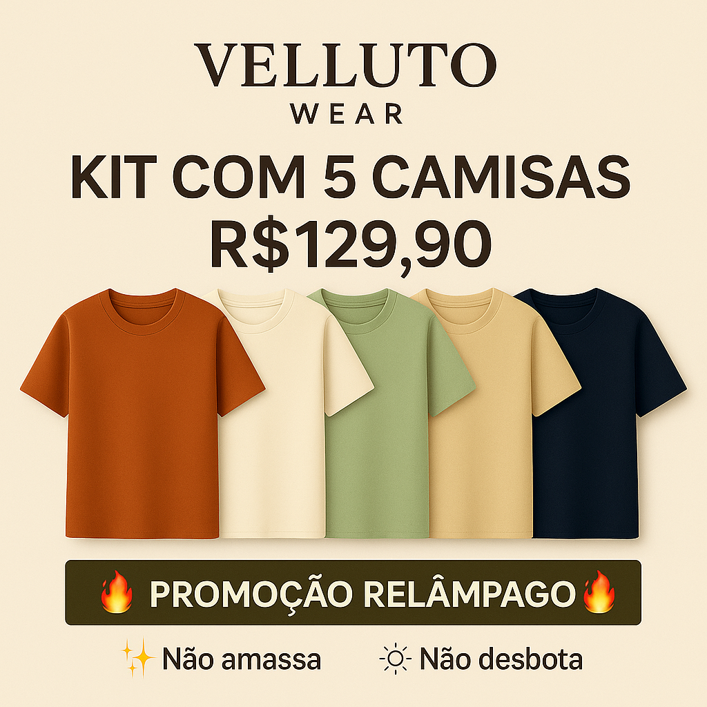 Kit com 5 Camisetas Texturizadas Malha Waffle Milano Velluto - Não amassa, Não desbota e 0 transparência